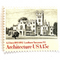Image of 1957 American Architecture Lyndhurst Tarrytown, NY 15 cent stamps. Scott #1841. Stamp themes: Lyndhurst Mansion, Gothic Revival Architecture, Gould Age Castle, Historic Preservation, Hudson River, New York, Victorian Era. Black and white postage stamp.
