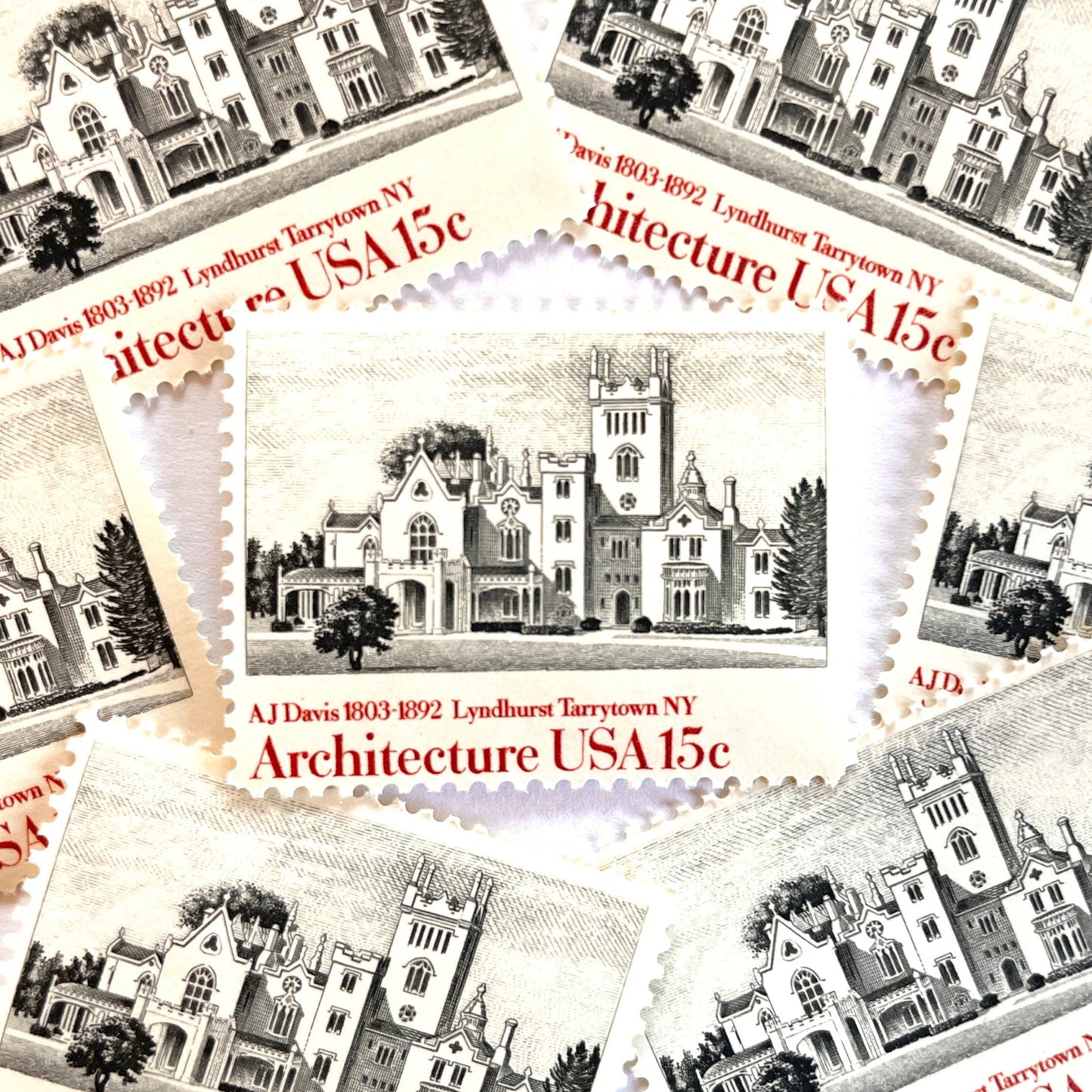 Image of 1957 American Architecture Lyndhurst Tarrytown, NY 15 cent stamps. Scott #1841. Stamp themes: Lyndhurst Mansion, Gothic Revival Architecture, Gould Age Castle, Historic Preservation, Hudson River, New York, Victorian Era. Black and white postage stamp.