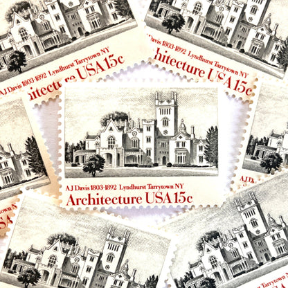 Image of 1957 American Architecture Lyndhurst Tarrytown, NY 15 cent stamps. Scott #1841. Stamp themes: Lyndhurst Mansion, Gothic Revival Architecture, Gould Age Castle, Historic Preservation, Hudson River, New York, Victorian Era. Black and white postage stamp.