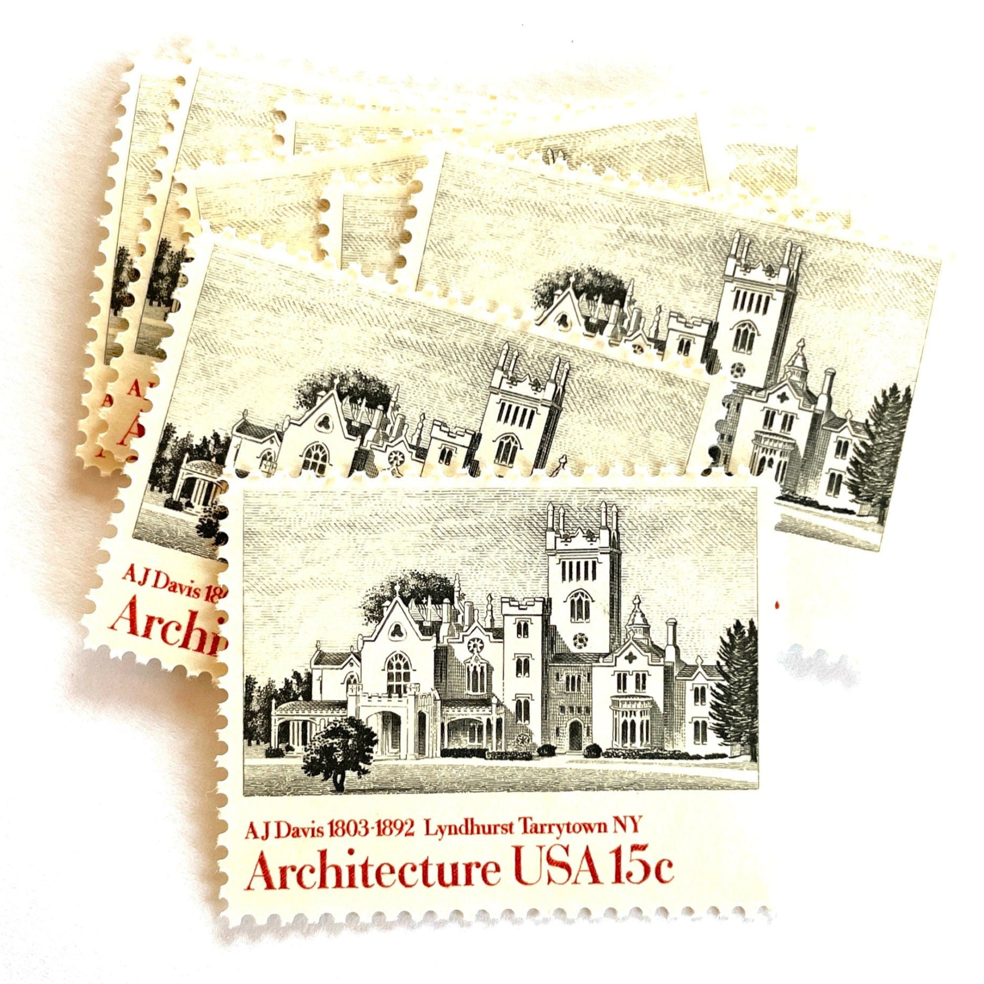 Image of 1957 American Architecture Lyndhurst Tarrytown, NY 15 cent stamps. Scott #1841. Stamp themes: Lyndhurst Mansion, Gothic Revival Architecture, Gould Age Castle, Historic Preservation, Hudson River, New York, Victorian Era. Black and white postage stamp.