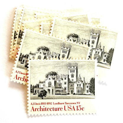 Image of 1957 American Architecture Lyndhurst Tarrytown, NY 15 cent stamps. Scott #1841. Stamp themes: Lyndhurst Mansion, Gothic Revival Architecture, Gould Age Castle, Historic Preservation, Hudson River, New York, Victorian Era. Black and white postage stamp.