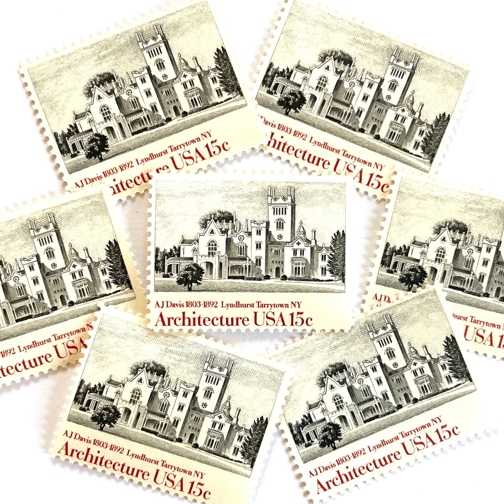 Image of 1957 American Architecture Lyndhurst Tarrytown, NY 15 cent stamps. Scott #1841. Stamp themes: Lyndhurst Mansion, Gothic Revival Architecture, Gould Age Castle, Historic Preservation, Hudson River, New York, Victorian Era. Black and white postage stamp.