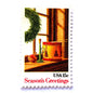 Image of 1980 Contemporary Christmas “Wreath and Toys on Window” 15-cent stamps. Scott #1843. Stamp Themes: Christmas, Holidays, Toys, Musical Instruments, Drum, Horn, Spinning Top. Multicolored postage stamp.
