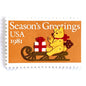 Image of 1981 Contemporary Christmas “Teddy Bear with Sleigh” 20-cent stamps. Scott #1940. Stamp Themes: Christmas, Holidays, Presents, Gifts, Sleigh, Wind-up Toy, Season’s Greetings. Gold/Beige postage stamp.