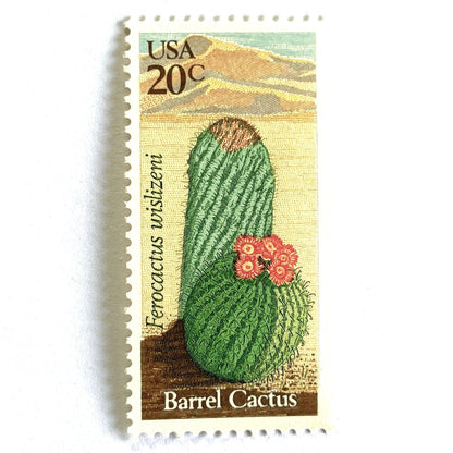 Image of Barrel Cactus postage stamps from the 1981 Desert Plants series, featuring a green cactus with yellow and brown Southwestern botanical artwork on vintage unused 20-cent USPS postage, Scott 1942.
