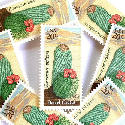 Image of Barrel Cactus postage stamps from the 1981 Desert Plants series, featuring a green cactus with yellow and brown Southwestern botanical artwork on vintage unused 20-cent USPS postage, Scott 1942.