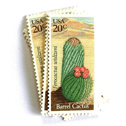 Image of Barrel Cactus postage stamps from the 1981 Desert Plants series, featuring a green cactus with yellow and brown Southwestern botanical artwork on vintage unused 20-cent USPS postage, Scott 1942.