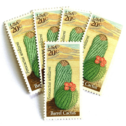 Image of Barrel Cactus postage stamps from the 1981 Desert Plants series, featuring a green cactus with yellow and brown Southwestern botanical artwork on vintage unused 20-cent USPS postage, Scott 1942.