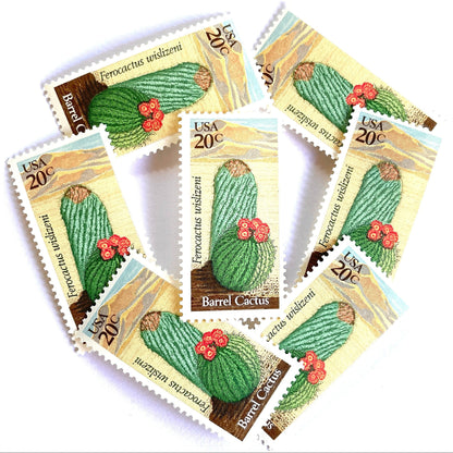 Image of Barrel Cactus postage stamps from the 1981 Desert Plants series, featuring a green cactus with yellow and brown Southwestern botanical artwork on vintage unused 20-cent USPS postage, Scott 1942.