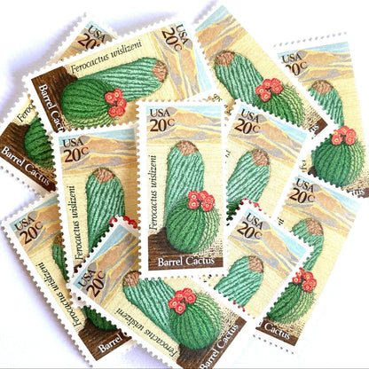 Image of Barrel Cactus postage stamps from the 1981 Desert Plants series, featuring a green cactus with yellow and brown Southwestern botanical artwork on vintage unused 20-cent USPS postage, Scott 1942.
