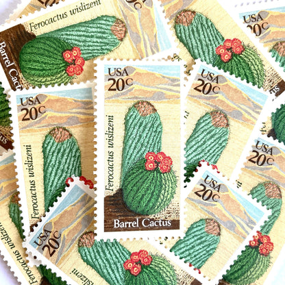 Image of Barrel Cactus postage stamps from the 1981 Desert Plants series, featuring a green cactus with yellow and brown Southwestern botanical artwork on vintage unused 20-cent USPS postage, Scott 1942.