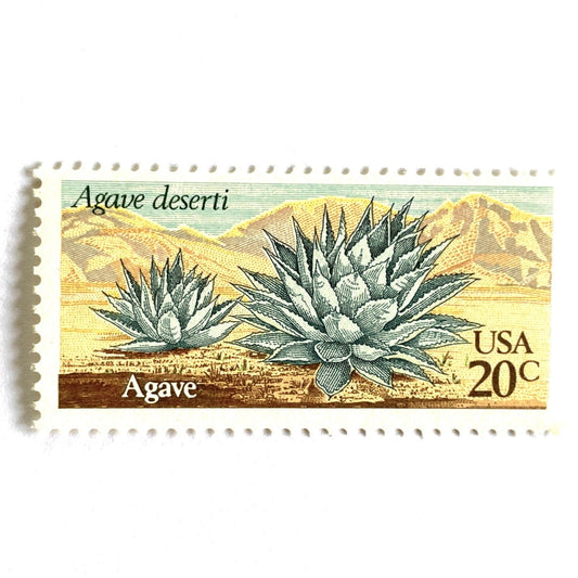 Image of Agave postage stamps from the 1981 Desert Plants series, featuring a green desert succulent with blue and brown botanical artwork on vintage unused 20-cent USPS postage, Scott 1943.