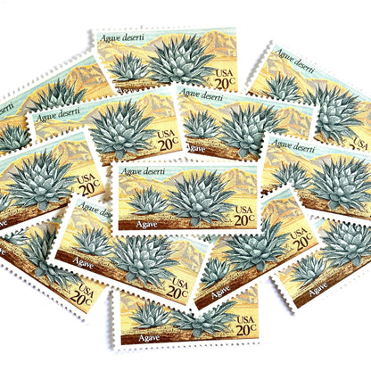Image of Agave postage stamps from the 1981 Desert Plants series, featuring a green desert succulent with blue and brown botanical artwork on vintage unused 20-cent USPS postage, Scott 1943.
