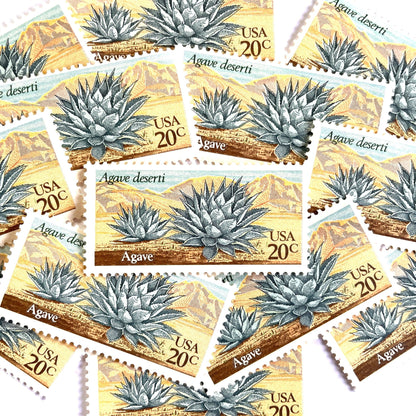 Image of Agave postage stamps from the 1981 Desert Plants series, featuring a green desert succulent with blue and brown botanical artwork on vintage unused 20-cent USPS postage, Scott 1943.