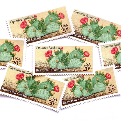 Image of four 20 cent Desert Plants Series 1981 Beavertail Cactus stamps. Scott #1944. Stamp themes: Cactus, Desert, Opuntia Basilaris, Southwest, Western, Texas, Mexican. Green and red postage stamp.