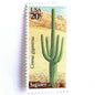 Image of Saguaro postage stamps from the 1981 Desert Plants series, featuring a green desert cactus with blue and brown Southwestern botanical artwork on vintage unused 20-cent USPS postage, Scott 1945.