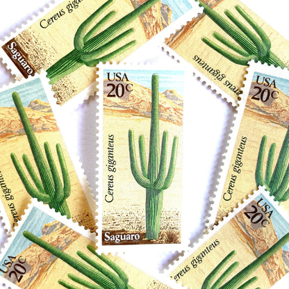 Image of Saguaro postage stamps from the 1981 Desert Plants series, featuring a green desert cactus with blue and brown Southwestern botanical artwork on vintage unused 20-cent USPS postage, Scott 1945.
