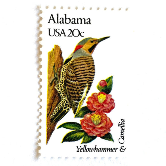 Image of Alabama State Bird and Flower postage stamps from 1982, featuring a Yellowhammer and Camellia on vintage unused 20-cent USPS postage, Scott 1953.