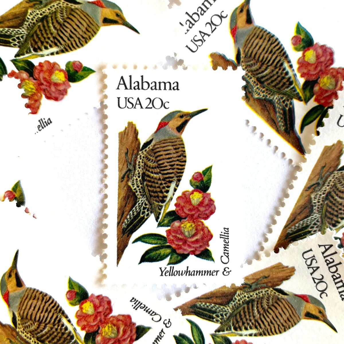 Image of Alabama State Bird and Flower postage stamps from 1982, featuring a Yellowhammer and Camellia on vintage unused 20-cent USPS postage, Scott 1953.