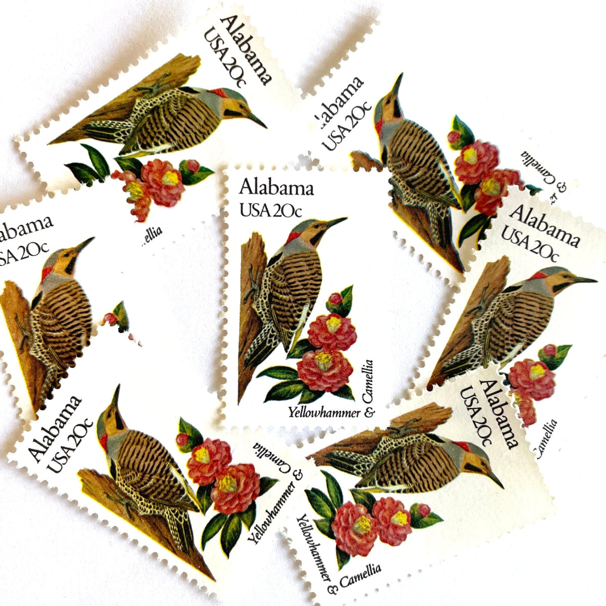 Image of Alabama State Bird and Flower postage stamps from 1982, featuring a Yellowhammer and Camellia on vintage unused 20-cent USPS postage, Scott 1953.