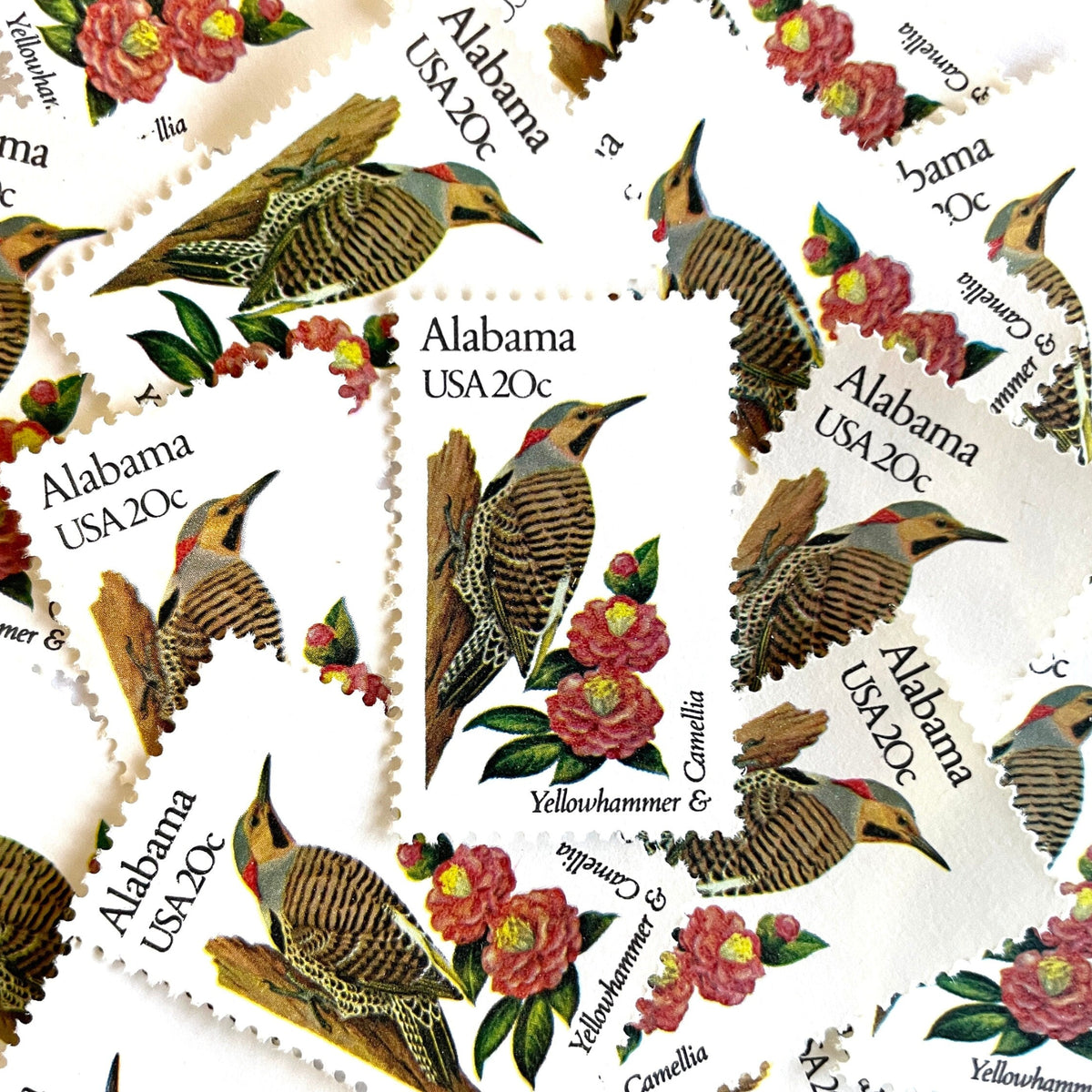 Image of Alabama State Bird and Flower postage stamps from 1982, featuring a Yellowhammer and Camellia on vintage unused 20-cent USPS postage, Scott 1953.