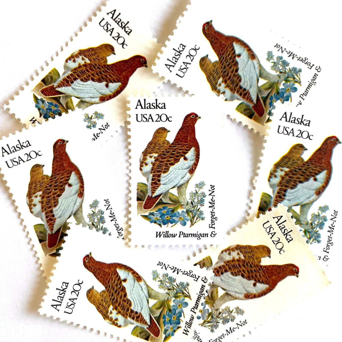 Alaska State Bird and Flower postage stamps from 1982 featuring a Willow Ptarmigan and Forget-Me-Not on vintage unused 20-cent USPS postage, Scott 1954.