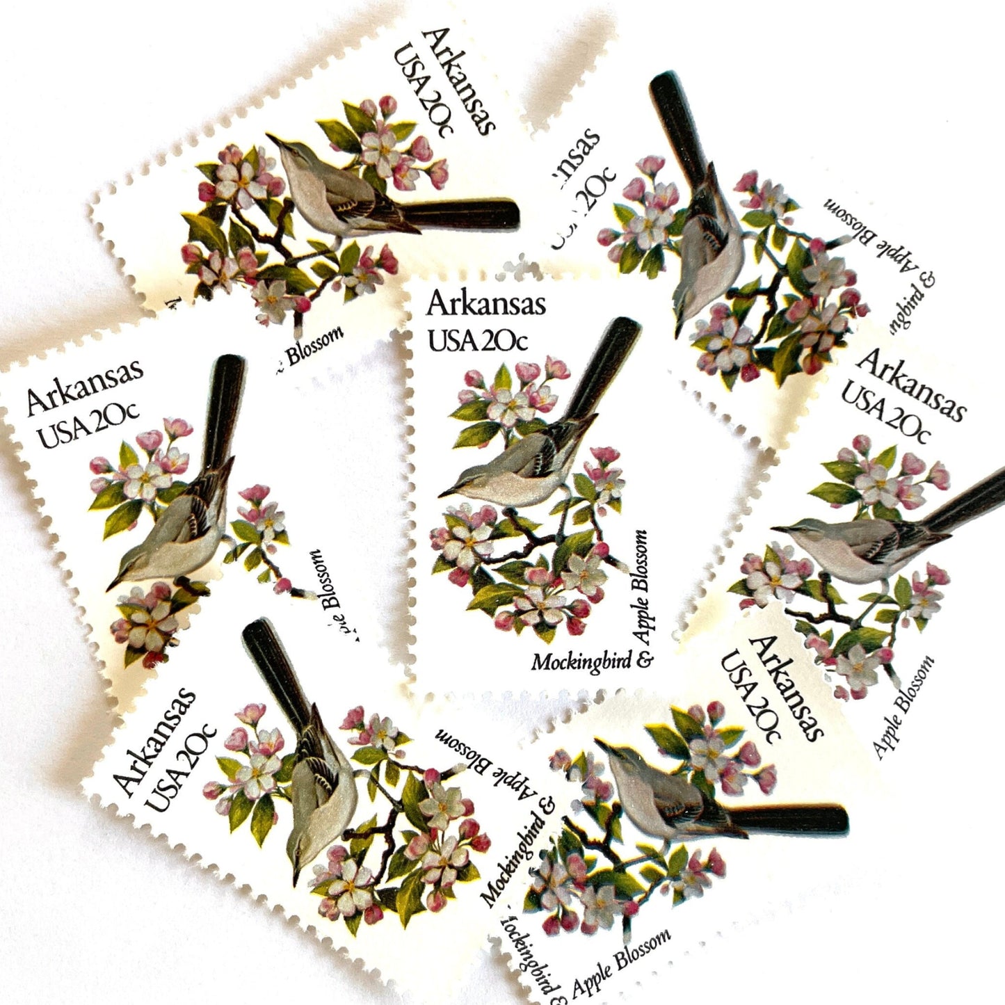 Image of Arkansas State Bird and Flower postage stamps from 1982, featuring a Mockingbird and Apple Blossom on vintage unused 20-cent USPS postage, Scott 1956.
