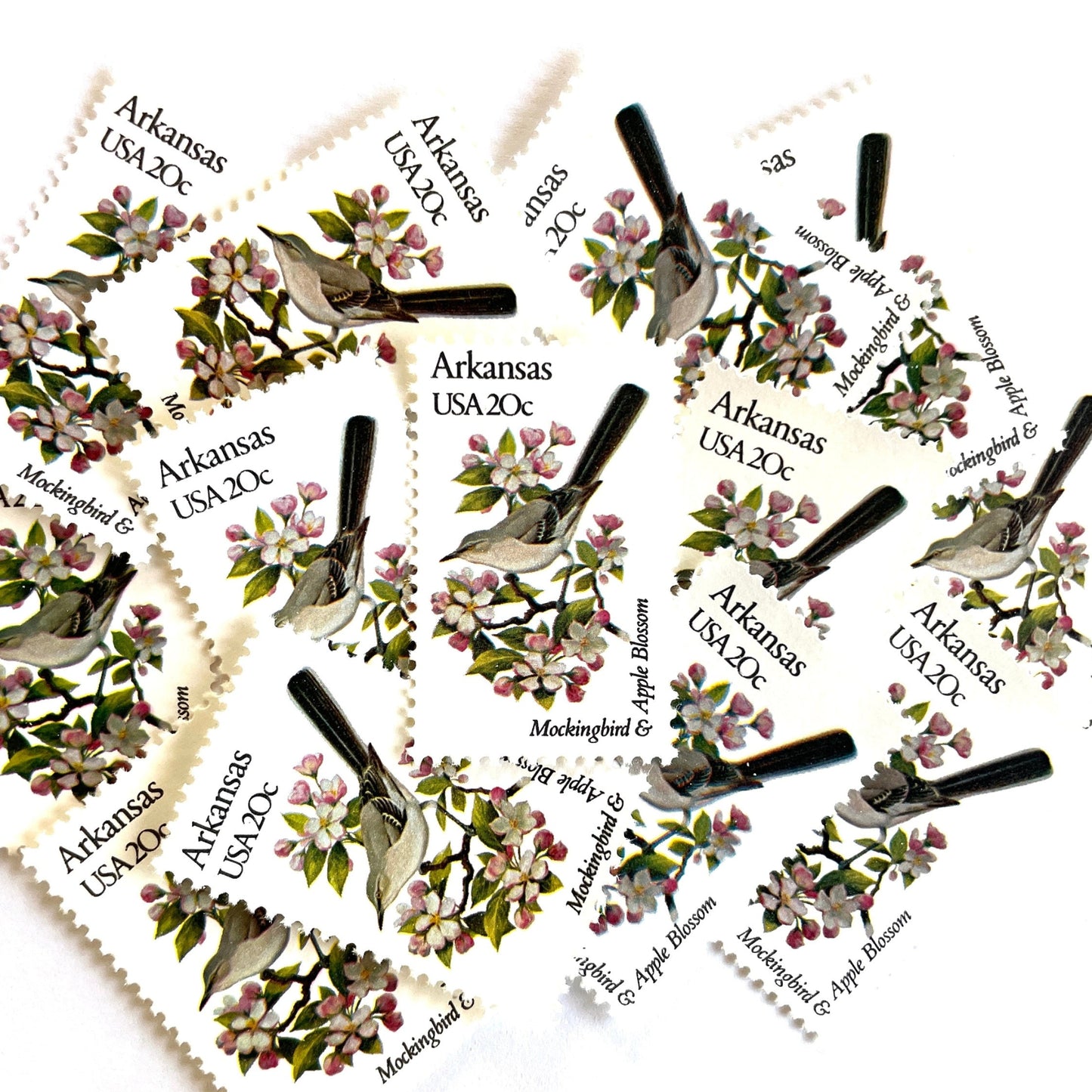 Image of Arkansas State Bird and Flower postage stamps from 1982, featuring a Mockingbird and Apple Blossom on vintage unused 20-cent USPS postage, Scott 1956.