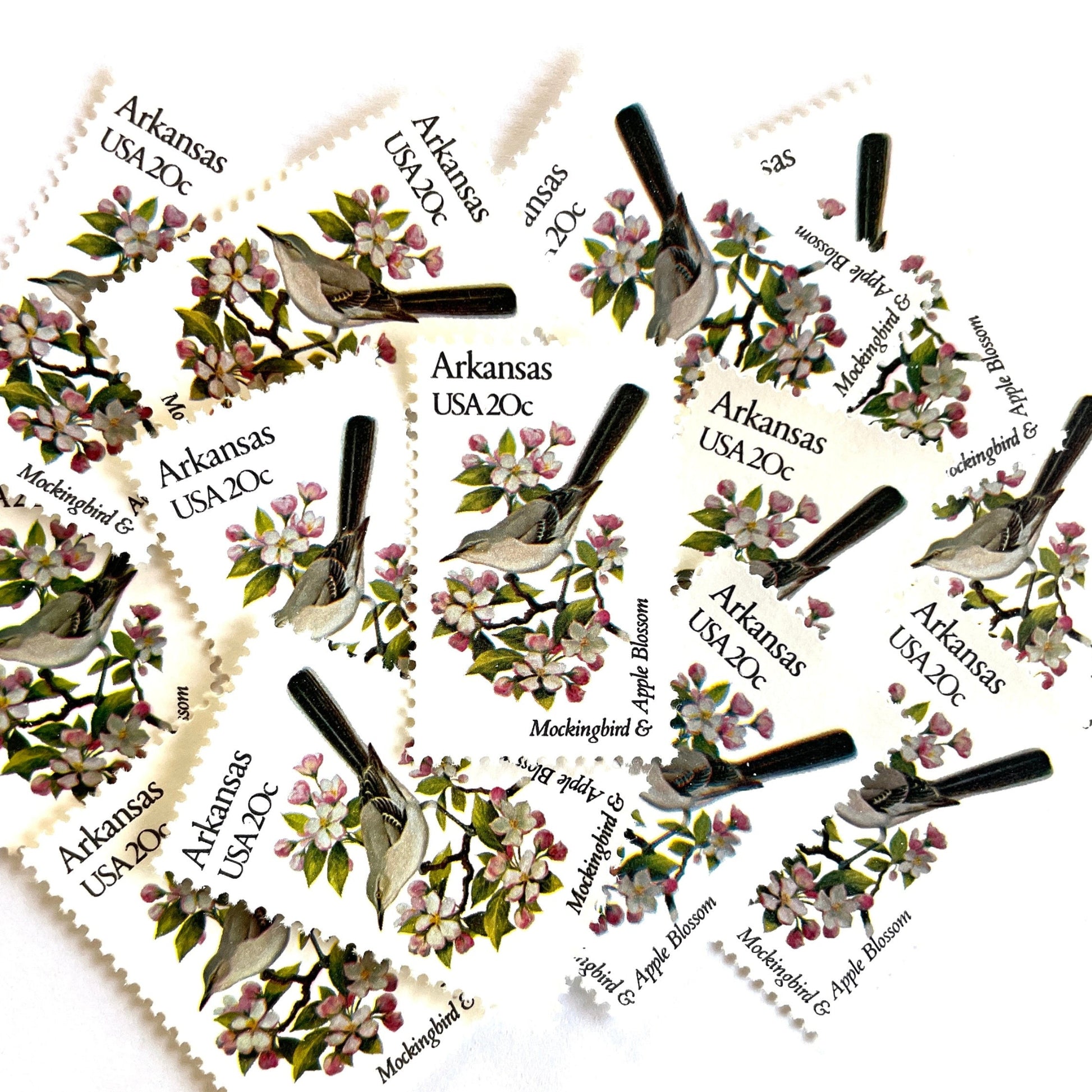 Image of Arkansas State Bird and Flower postage stamps from 1982, featuring a Mockingbird and Apple Blossom on vintage unused 20-cent USPS postage, Scott 1956.