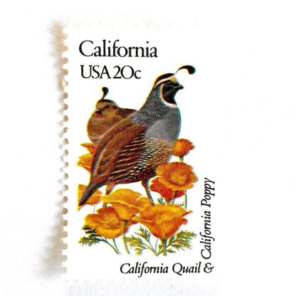 Image of California State Bird and Flower postage stamps from 1982, featuring a California Valley Quail and California Poppy on vintage unused 20-cent USPS postage, Scott 1957.
