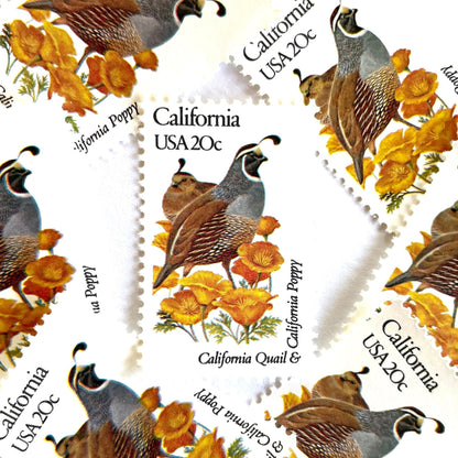 Image of California State Bird and Flower postage stamps from 1982, featuring a California Valley Quail and California Poppy on vintage unused 20-cent USPS postage, Scott 1957.
