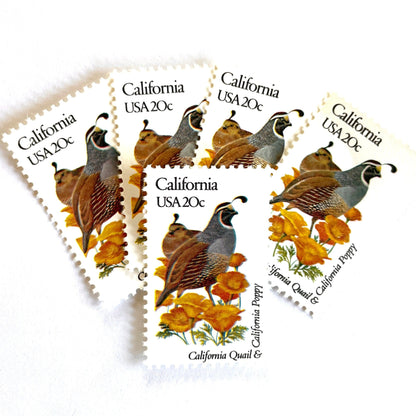 Image of California State Bird and Flower postage stamps from 1982, featuring a California Valley Quail and California Poppy on vintage unused 20-cent USPS postage, Scott 1957.