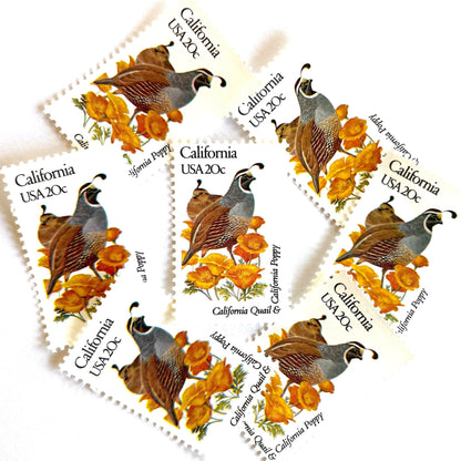 Image of California State Bird and Flower postage stamps from 1982, featuring a California Valley Quail and California Poppy on vintage unused 20-cent USPS postage, Scott 1957.