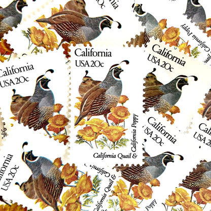 Image of California State Bird and Flower postage stamps from 1982, featuring a California Valley Quail and California Poppy on vintage unused 20-cent USPS postage, Scott 1957.