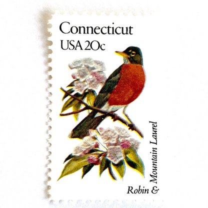 Image of 20-cent State Birds & Flowers 1982 Connecticut USPS postage stamp featuring a Robin and Mountain Laurel. Scott #1959. Stamp themes: Birds, Aviary, Flowers, Flora, Robin, Mountain Laurel, White Flower, Pink Flower, Connecticut State Bird, Connecticut State Flower. Red/Orange postage stamp.