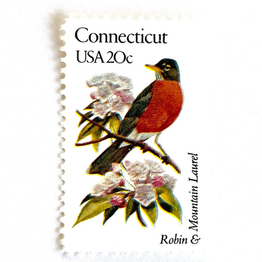 Image of 20-cent State Birds & Flowers 1982 Connecticut USPS postage stamp featuring a Robin and Mountain Laurel. Scott #1959. Stamp themes: Birds, Aviary, Flowers, Flora, Robin, Mountain Laurel, White Flower, Pink Flower, Connecticut State Bird, Connecticut State Flower. Red/Orange postage stamp.