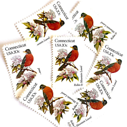 Image of 20-cent State Birds & Flowers 1982 Connecticut USPS postage stamp featuring a Robin and Mountain Laurel. Scott #1959. Stamp themes: Birds, Aviary, Flowers, Flora, Robin, Mountain Laurel, White Flower, Pink Flower, Connecticut State Bird, Connecticut State Flower. Red/Orange postage stamp.