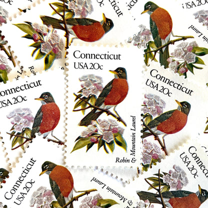 Image of 20-cent State Birds & Flowers 1982 Connecticut USPS postage stamp featuring a Robin and Mountain Laurel. Scott #1959. Stamp themes: Birds, Aviary, Flowers, Flora, Robin, Mountain Laurel, White Flower, Pink Flower, Connecticut State Bird, Connecticut State Flower. Red/Orange postage stamp.