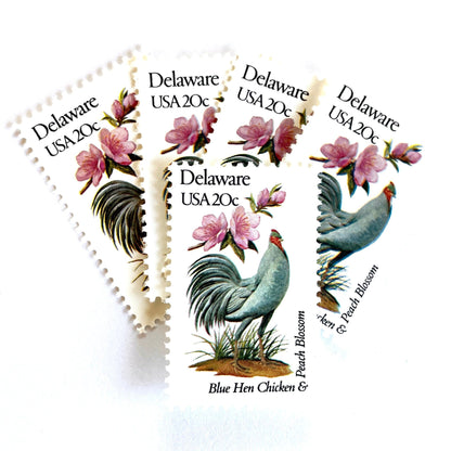 Image of Delaware State Bird and Flower postage stamps from 1982, featuring a Blue Hen chicken and Peach Blossom on vintage unused 20-cent USPS postage, Scott 1960.