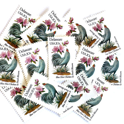 Image of Delaware State Bird and Flower postage stamps from 1982, featuring a Blue Hen chicken and Peach Blossom on vintage unused 20-cent USPS postage, Scott 1960.
