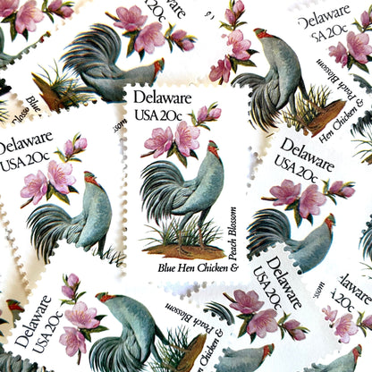 Image of Delaware State Bird and Flower postage stamps from 1982, featuring a Blue Hen chicken and Peach Blossom on vintage unused 20-cent USPS postage, Scott 1960.