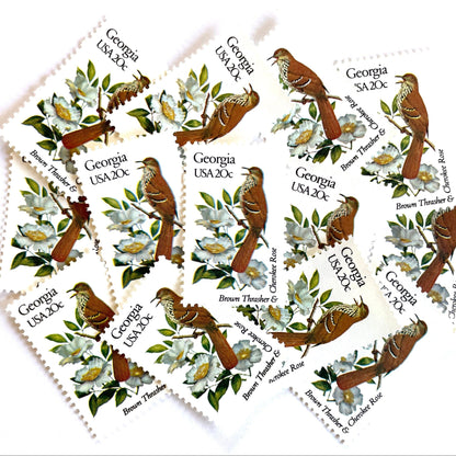 Image of Georgia State Bird and Flower postage stamps from 1982, featuring a Brown Thrasher and Cherokee Rose on vintage unused 20-cent USPS postage, Scott 1962.