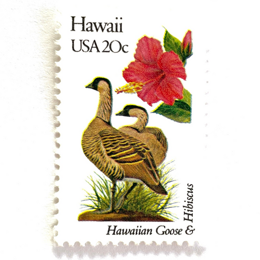 Image of 1982 State Birds & Flowers Hawaii 20 cent stamps. Scott #1963. Stamp themes: Nene, Hawaiian Goose, Hibiscus, Yellow Hibiscus, Hawaii State Bird, Hawaii State Flower, Aloha. White and red postage stamp.