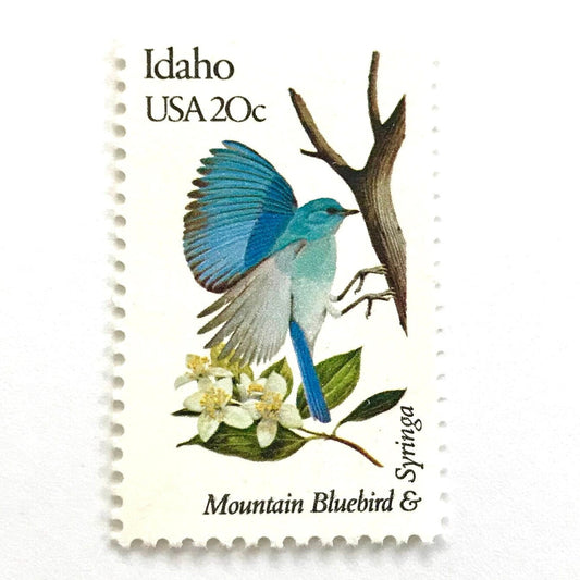 Image of Idaho State Bird and Flower postage stamps from 1982, featuring a Mountain Bluebird and Syringa on vintage unused 20-cent USPS postage, Scott 1964.