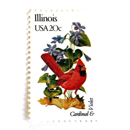 Image of Illinois State Bird and Flower postage stamps from 1982, featuring a Cardinal and Violet on vintage unused 20-cent USPS postage, Scott 1965.