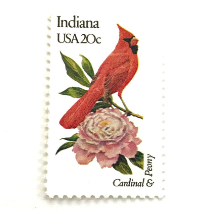 Image of Indiana State Bird and Flower postage stamps from 1982, featuring a Cardinal and Peony on vintage unused 20-cent USPS postage, Scott 1966.