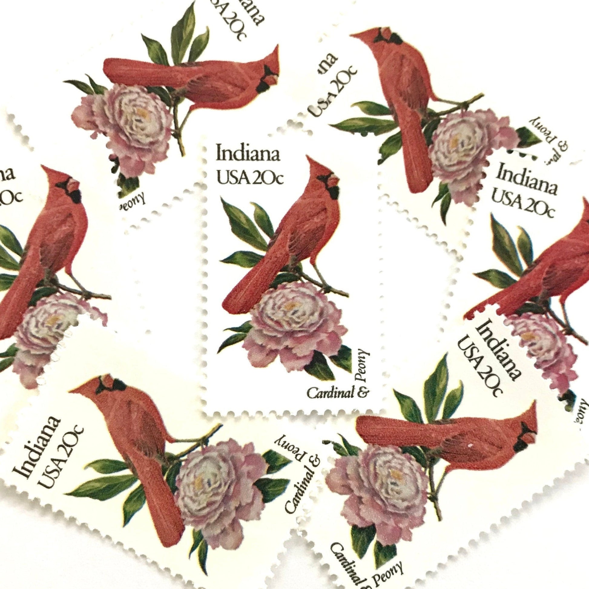 Image of Indiana State Bird and Flower postage stamps from 1982, featuring a Cardinal and Peony on vintage unused 20-cent USPS postage, Scott 1966.