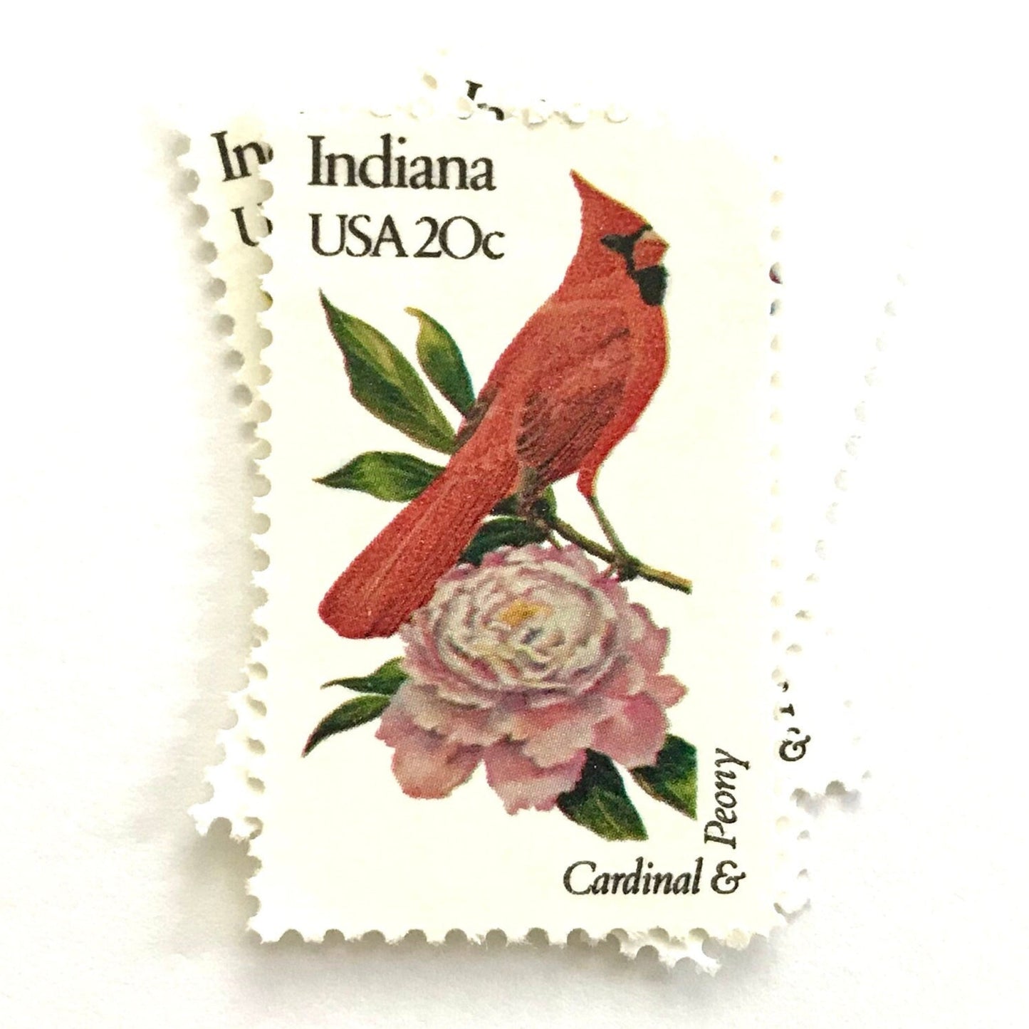 Image of Indiana State Bird and Flower postage stamps from 1982, featuring a Cardinal and Peony on vintage unused 20-cent USPS postage, Scott 1966.