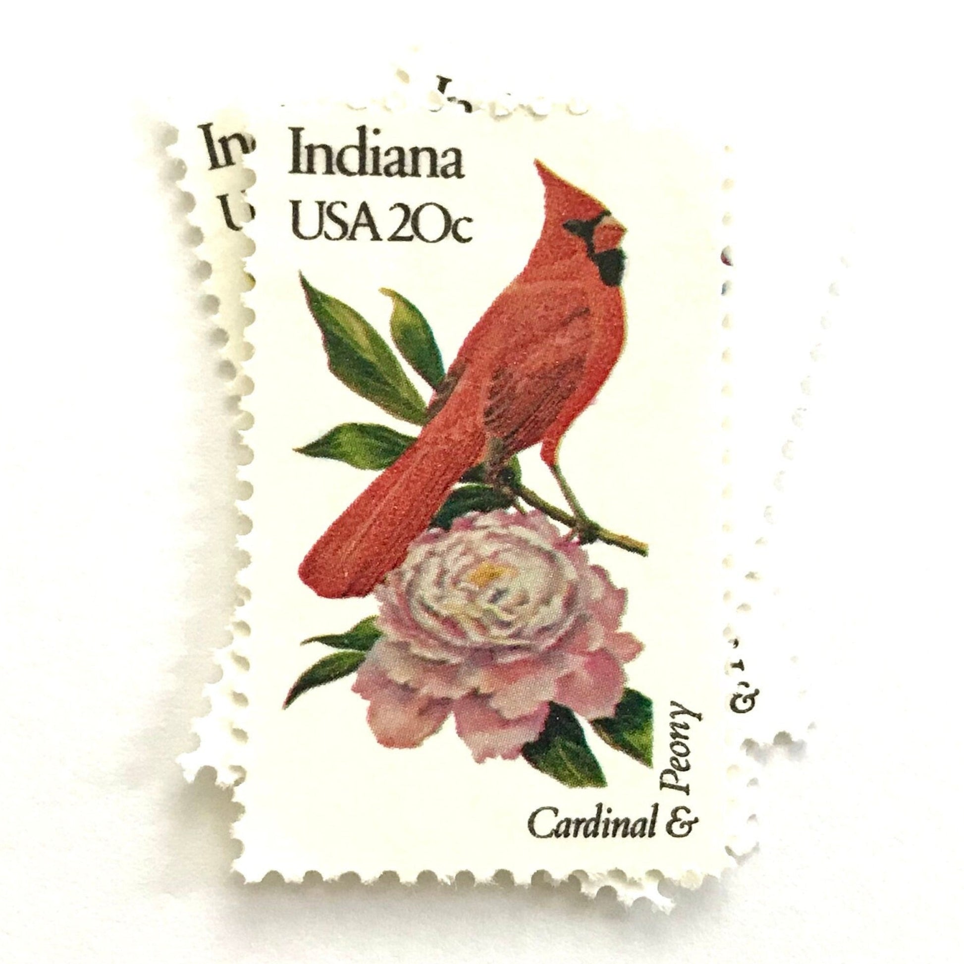 Image of Indiana State Bird and Flower postage stamps from 1982, featuring a Cardinal and Peony on vintage unused 20-cent USPS postage, Scott 1966.