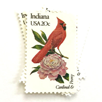 Image of Indiana State Bird and Flower postage stamps from 1982, featuring a Cardinal and Peony on vintage unused 20-cent USPS postage, Scott 1966.